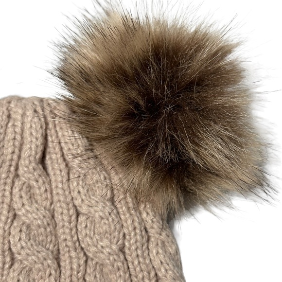 FAS Jeans Beanie OS Taupe Double Pom Cable Knit Wool - Picture 4 of 7